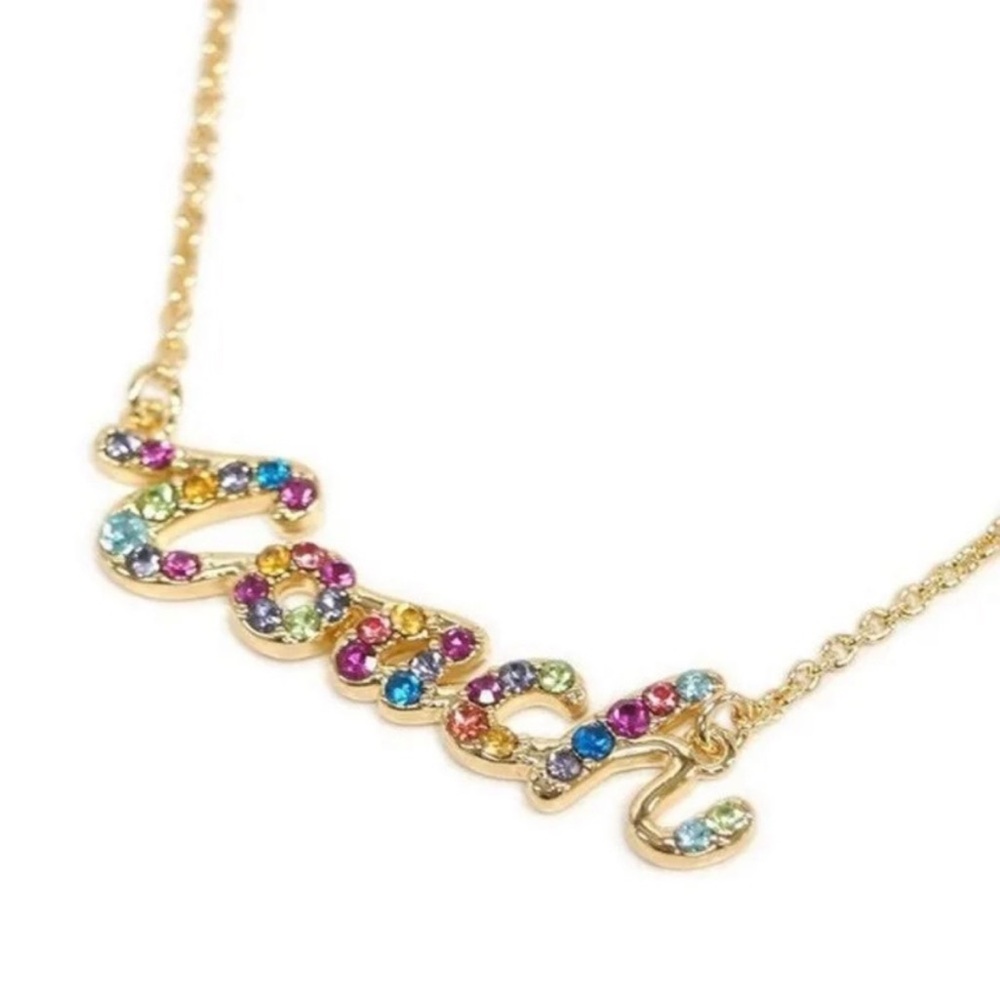 Coach Multicolor Rainbow Signature Script Gold Tone Glass Rhinestone Necklace - Picture 5 of 5